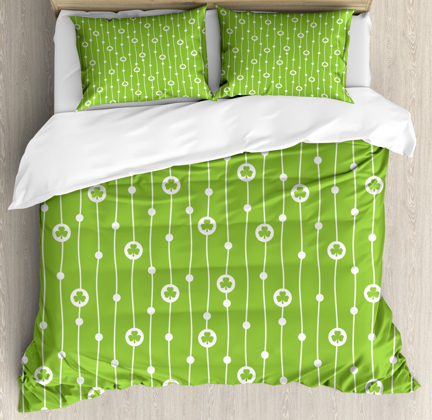 Irish Duvet Cover Set, Cute Trifolium on Vertical Wavy Stripes with