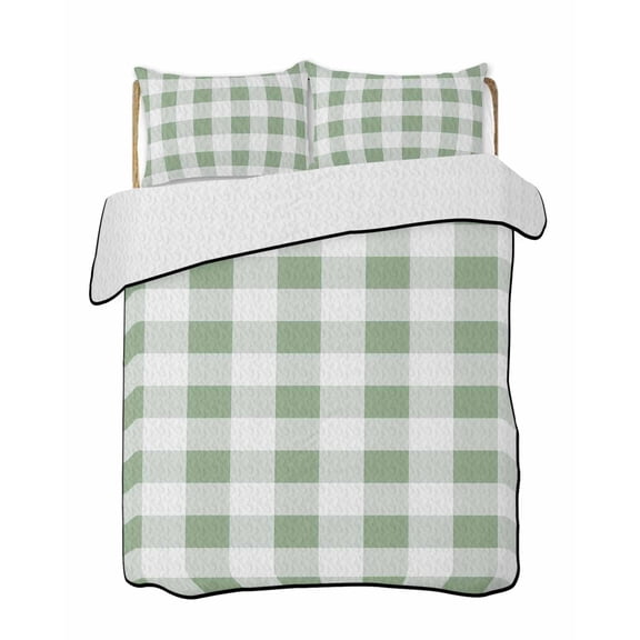 Sage Green Checkered Summer Quilt Set Queen Size, Soft Microfiber Quilted Bedding Set with 2 Pillow Shams, Green White Buffalo Plaid Lightweight All Season Bedspread Coverlet for Bedroom 90"x96"