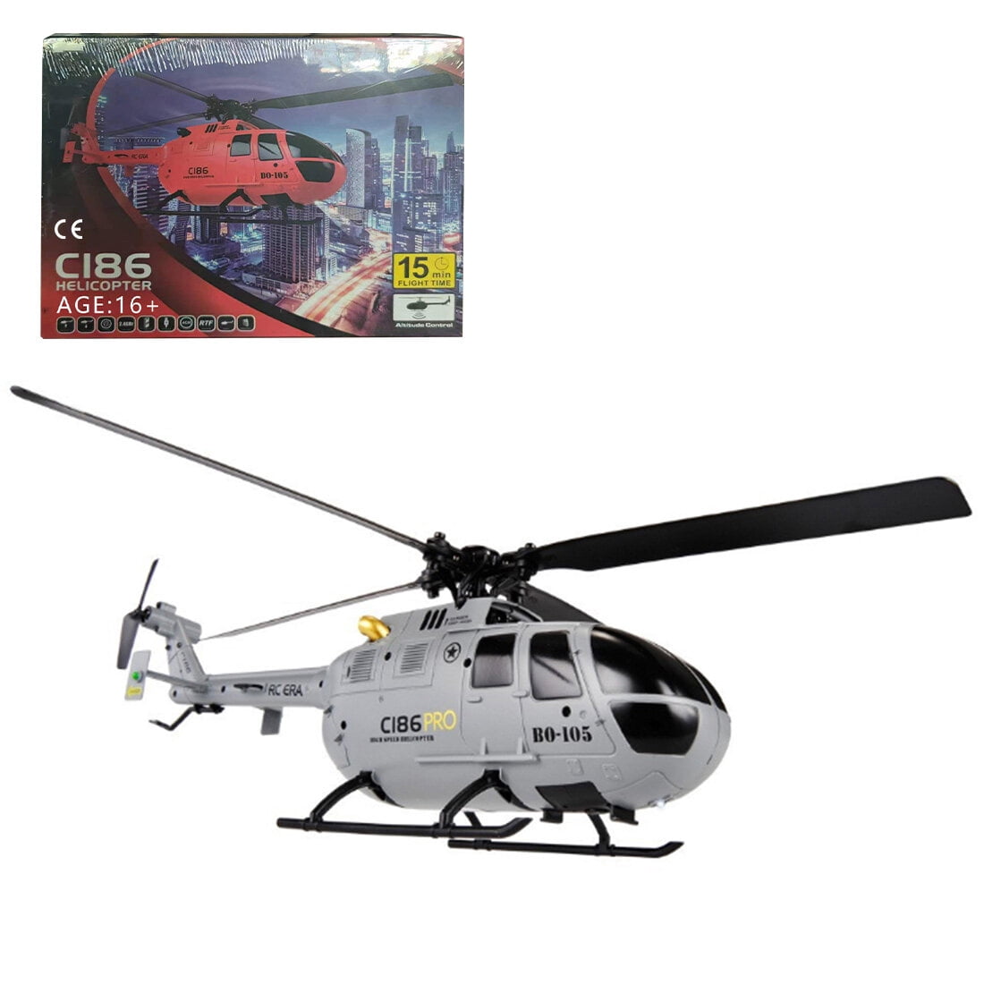 C186 BO105 RC Helicopter 2.4G 4CH Single Rotor 6-Axis Gyro RTF Flying Military Aircraft Model with Altitude Hold Optical Flow/ One-Key Takeoff for Adults & Teens