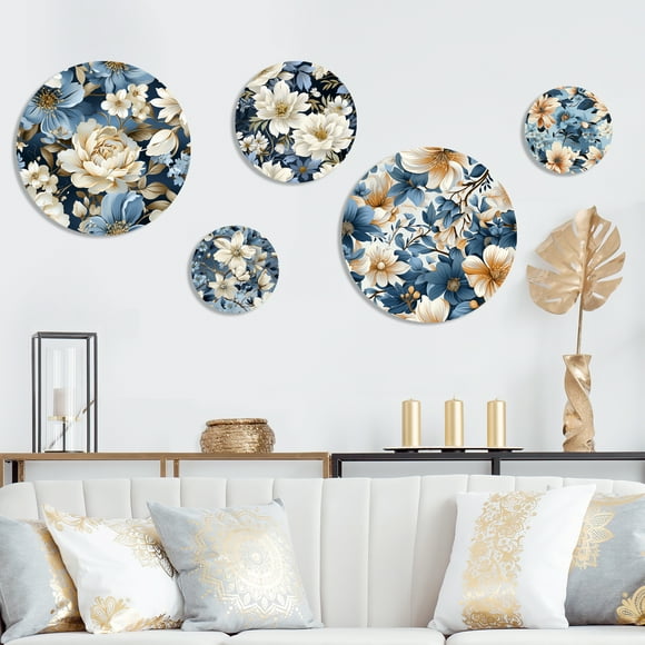 Designart "Vintage Blue Floral Sophistication" Cottage Metal Wall decor Set Of 5 - Blue Metal Wall Art For Living Room