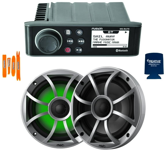 Fusion MS-RA70 Marine AM/FM/BT Stereo with 1 Pair Wet Sounds RECON 6-S RGB High Output 6.5" RGB Lighting Marine Coaxial Speakers, Silver Grill