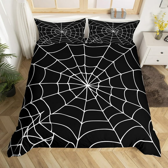 Erosebridal Black White Spider Web Comforter Cover, Happy Halloween Bedding Breathable 2-Piece (No Comforter)
