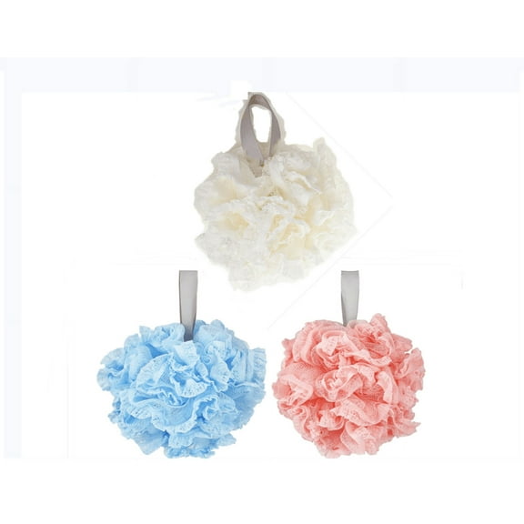 Topboutique 3 pcs Lace Mesh Pouf Bath Sponge, Bath Sponge Shower Loofahs Balls, Mesh Loofah Body Exfoliating Shower Ball Shower Sponge for Women and Men,Lace (Beige,Blue,Pink）