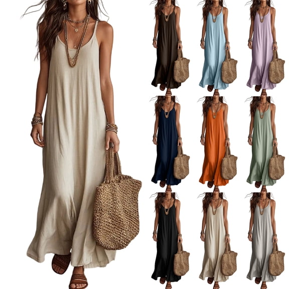 Maxi Dresses for Women Sleeveless Spaghetti Strap Scoop Neck Dress Summer Casual Beach Cami Sundress, XL