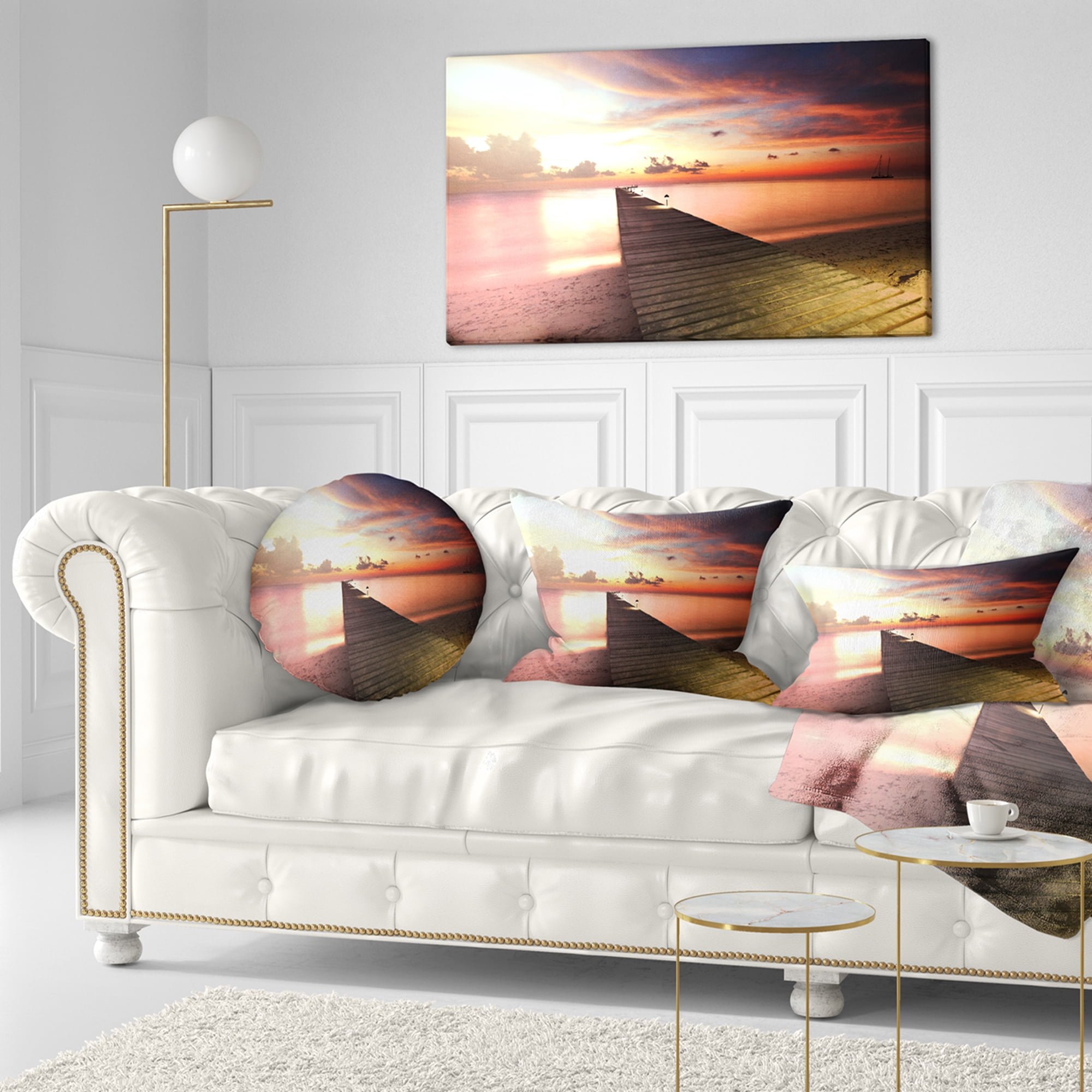 Designart Wooden Boardwalk into Colorful Sea - Bridge Throw Pillow - 12x20
