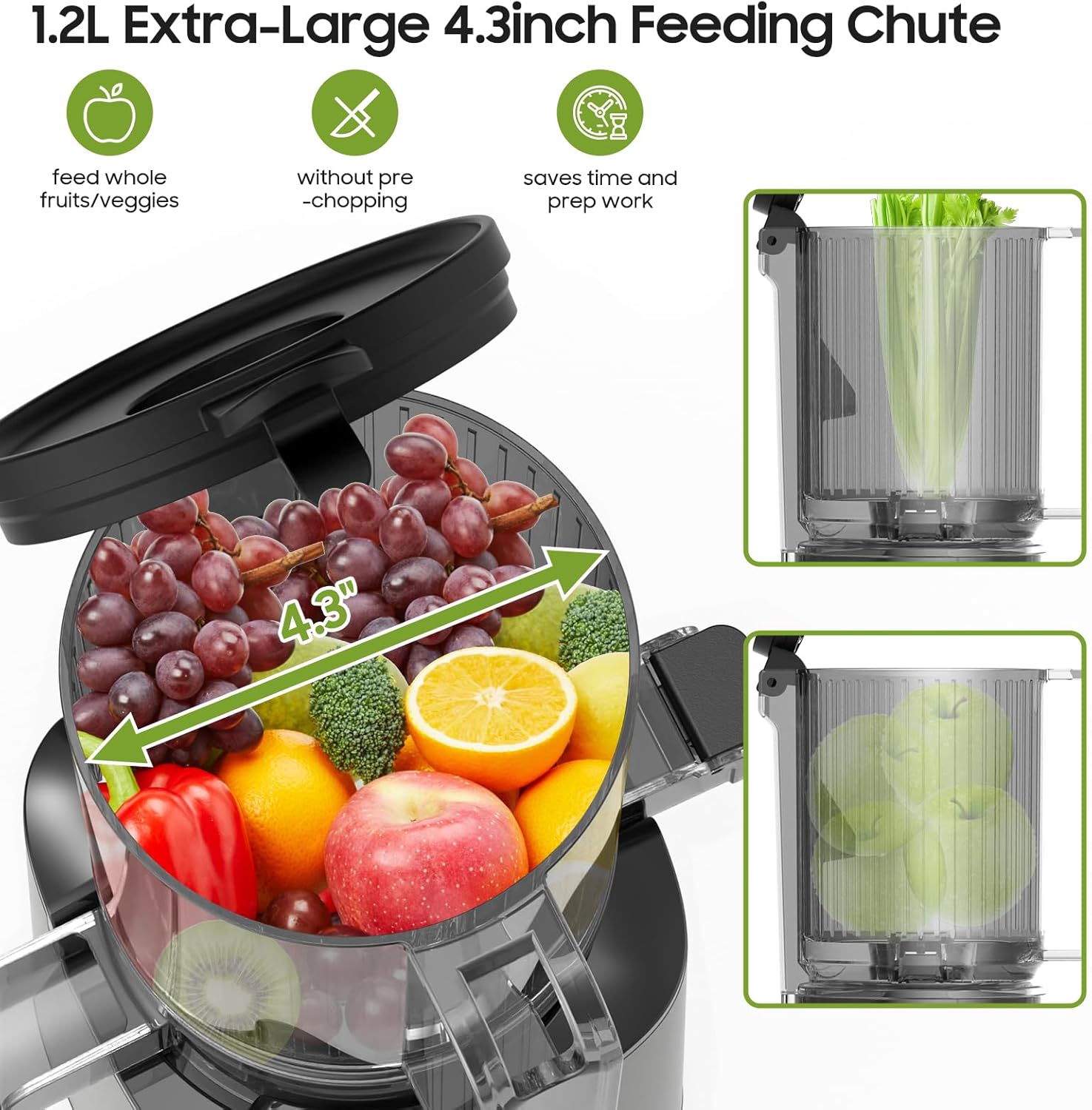 NZINZI Cold Press Masticating Juicer, Self-Feeding Large Chute, Easy to Clean, Dark Gray