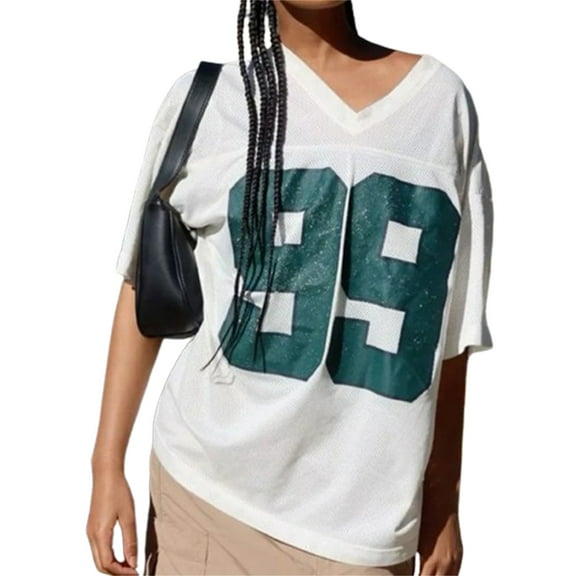 Niusricy Women Loose Basic T-Shirt Streetwear Teen Girls Short Sleeve Shirt Oversized Number Print Tops V Neck Tunic Tee Ladies Fashion Casual Summer Top for Aesthetic Grunge Clothes