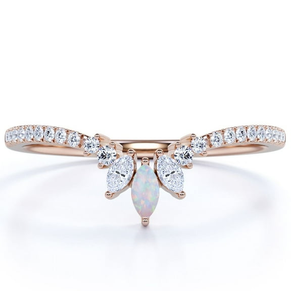 JeenMata Vintage 0.45 ct Marquise Opal and Moissanite Stackable Wedding Band in 18K Rose Gold over Silver