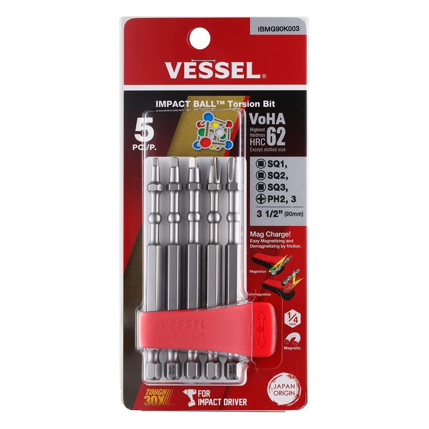 Vessel Tools IBMG90K003 Impact Ball Torsion Bit Set with Mag Charge Holder