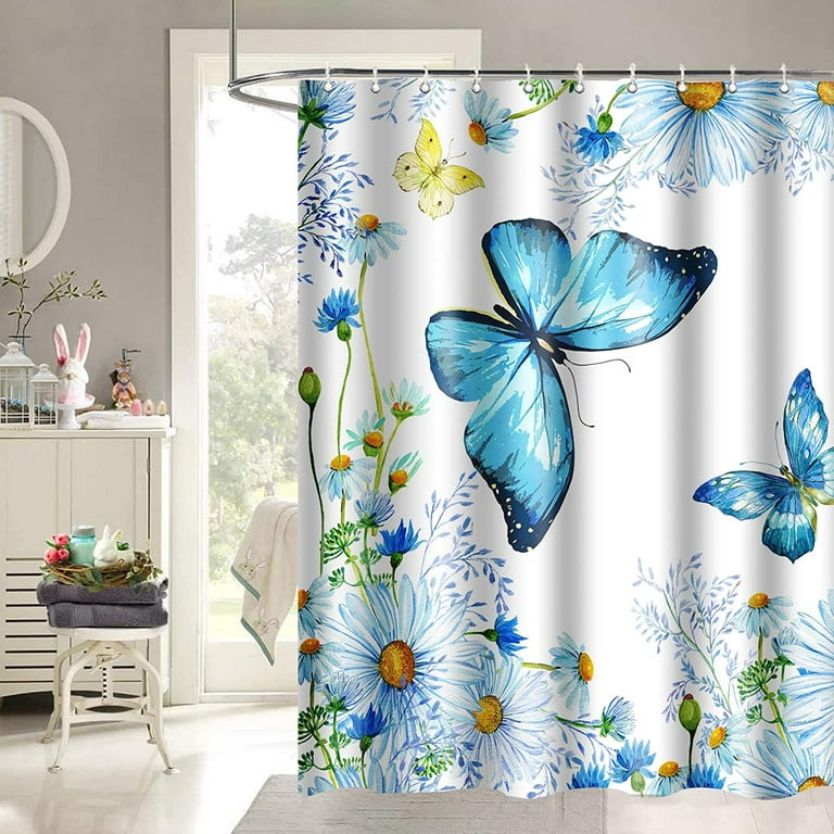 JOOCAR Butterfly Shower Curtain 72 x 72 Inch, Blue Wildflowers Daisy  Butterfly Shower Curtain Watercolor Blossom Floral Shower Curtain Bathroom  Decor