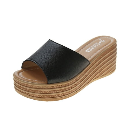 JikouIivo Matsu Heel Thick Sole Slope Heel Women s Shoes Breathable Slip-on Beach Sandals Womens Shoes Slip on Shoes Black 7.5