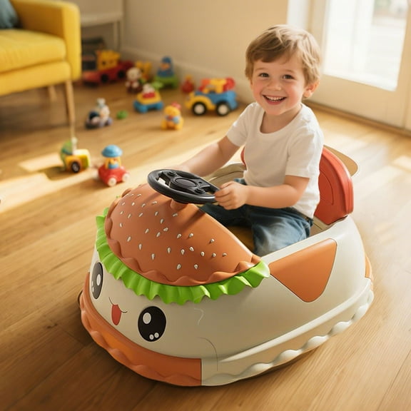 12V Hamburger Shape Electric Bumper Car for Kids and Toddlers, Bumper Buddy with USB Port, Storage basket, Bluetooth, MP3 player, LED Lights, 360 Degree Spin, Anti-rollover, Toy Gifts Cars for 2-5 Age