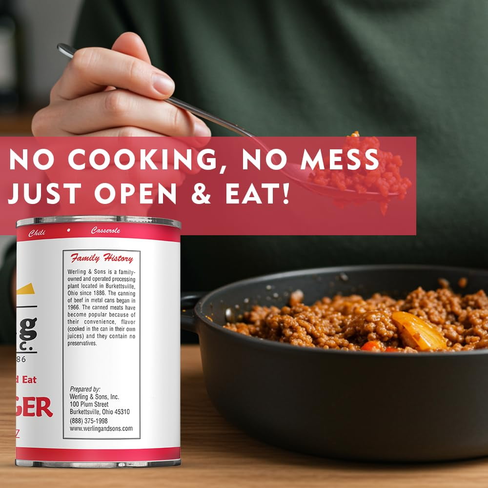 Werling & Sons Canned Hamburger 14.5 Oz – Fully Cooked Ground Beef, Heat & Serve | 5-Year Shelf Life | Ideal for Emergency, Survival, Camping & Quick Meals | Pack of 6