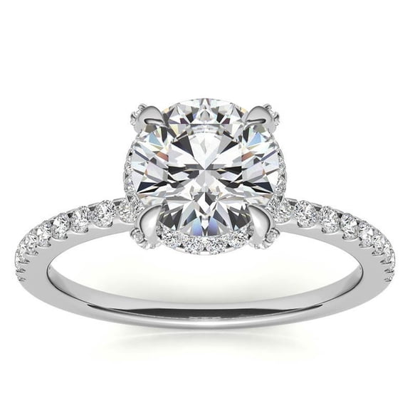 Auory Round Real Moissanite Hidden Halo Engagement Ring in 18K White Gold Plated Sterling Silver