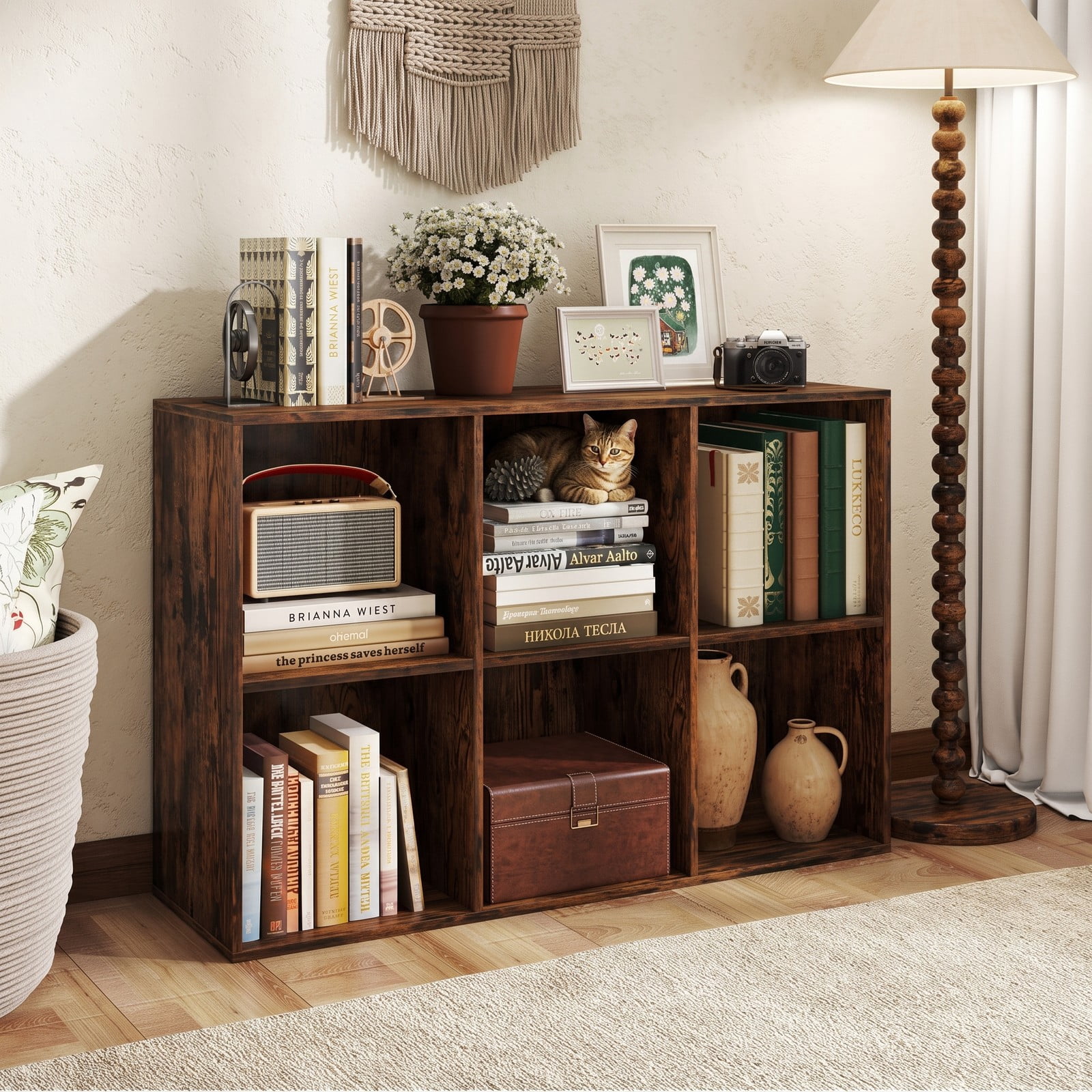 Furnibear 6-Cube Bookcase Storage Organizer with Anti-Tipping Kits, Engineered Wood Cube Bookshelf Display Shelf for Bedroom Living Room Study Room, Rustic Brown