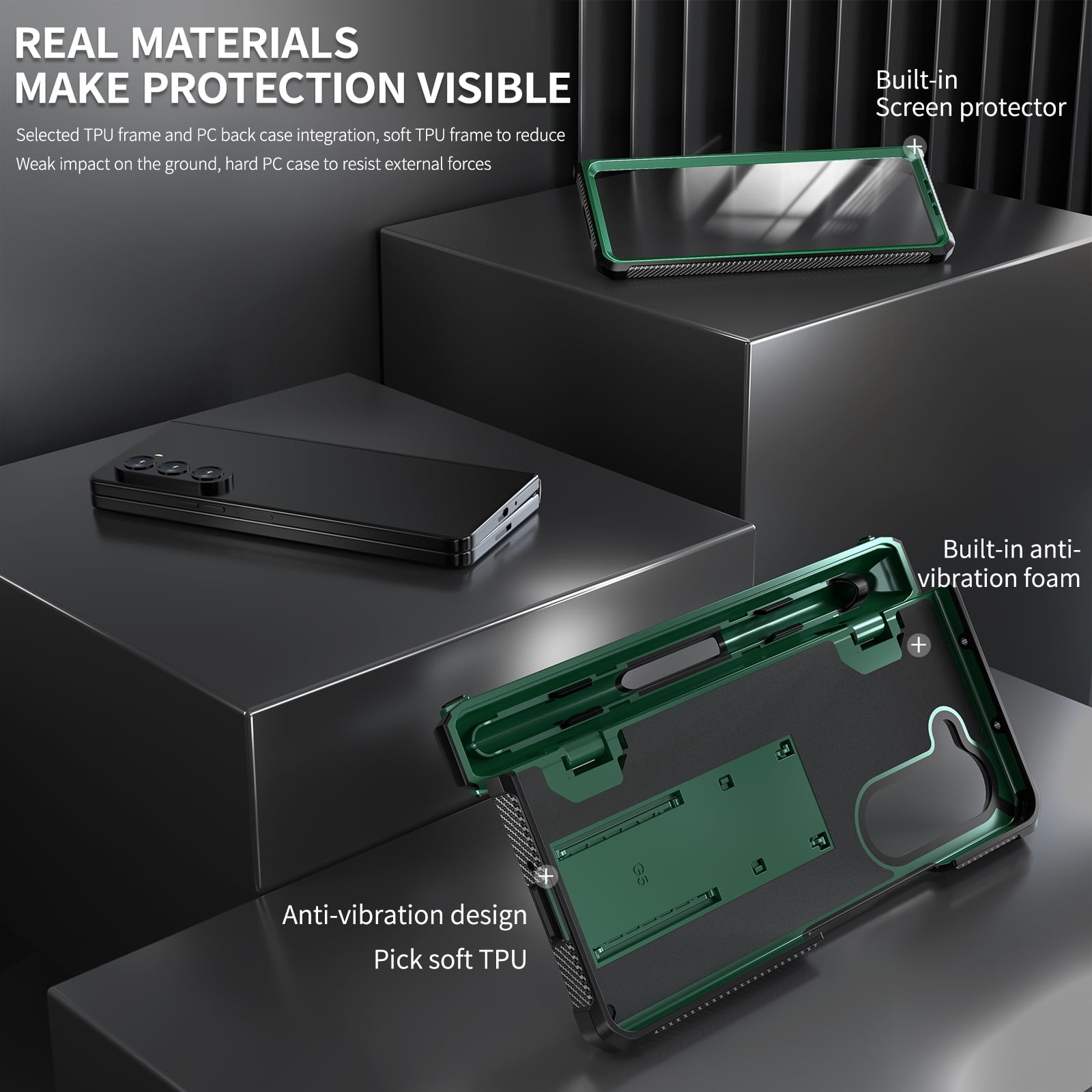 ELEHOLD Rugged Phone Case for Samsung Galaxy Z Fold 5 with Built-in Screen Protector Hidden Kickstand Pen Slot Heavy Duty Full Body Shockproof Case for Samsung Z Fold5 2023,Armygreen