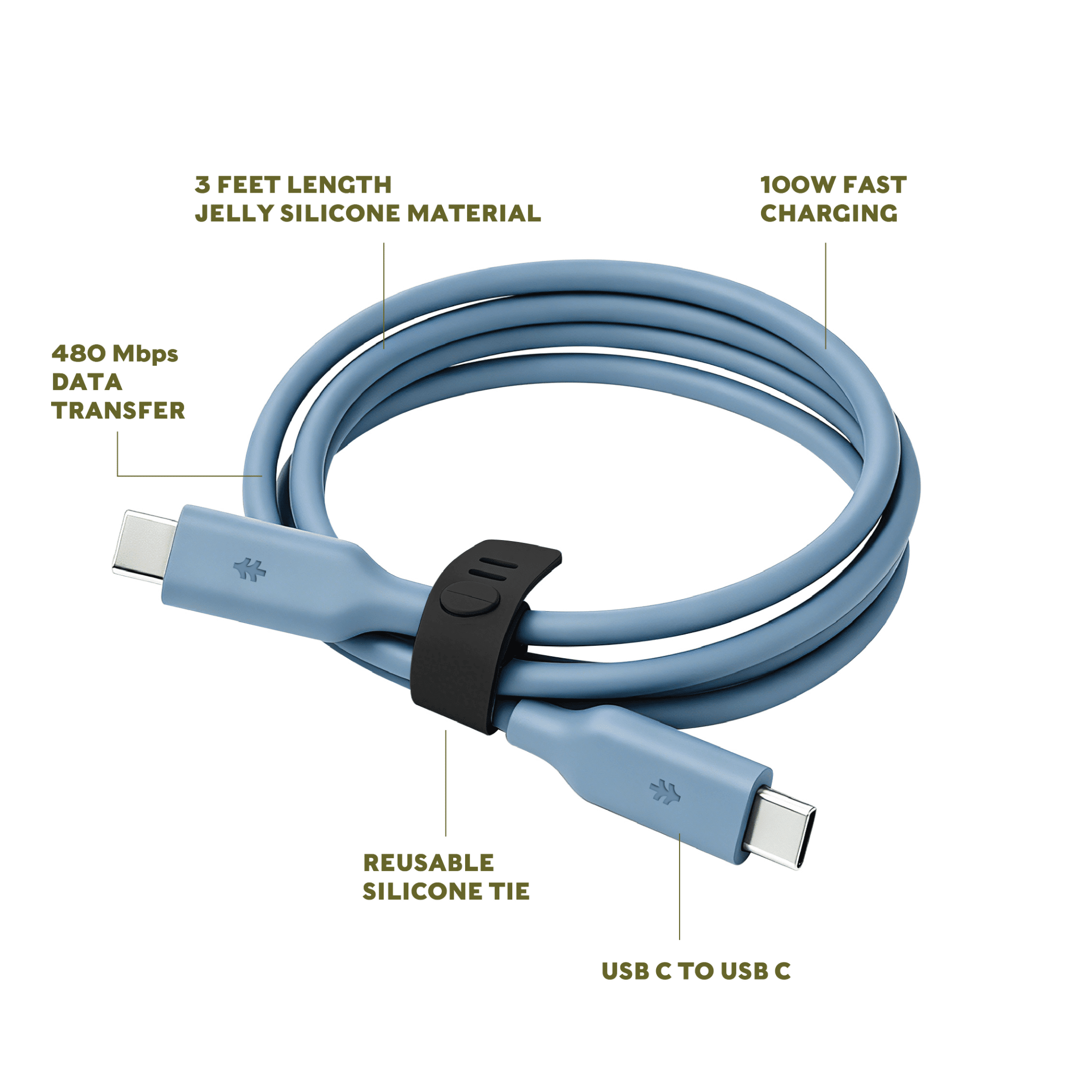 Swiss Tech Kabel S100 3 ft 100W Soft Touch USB-C to USB-C Charging Cable, Cresta Blue
