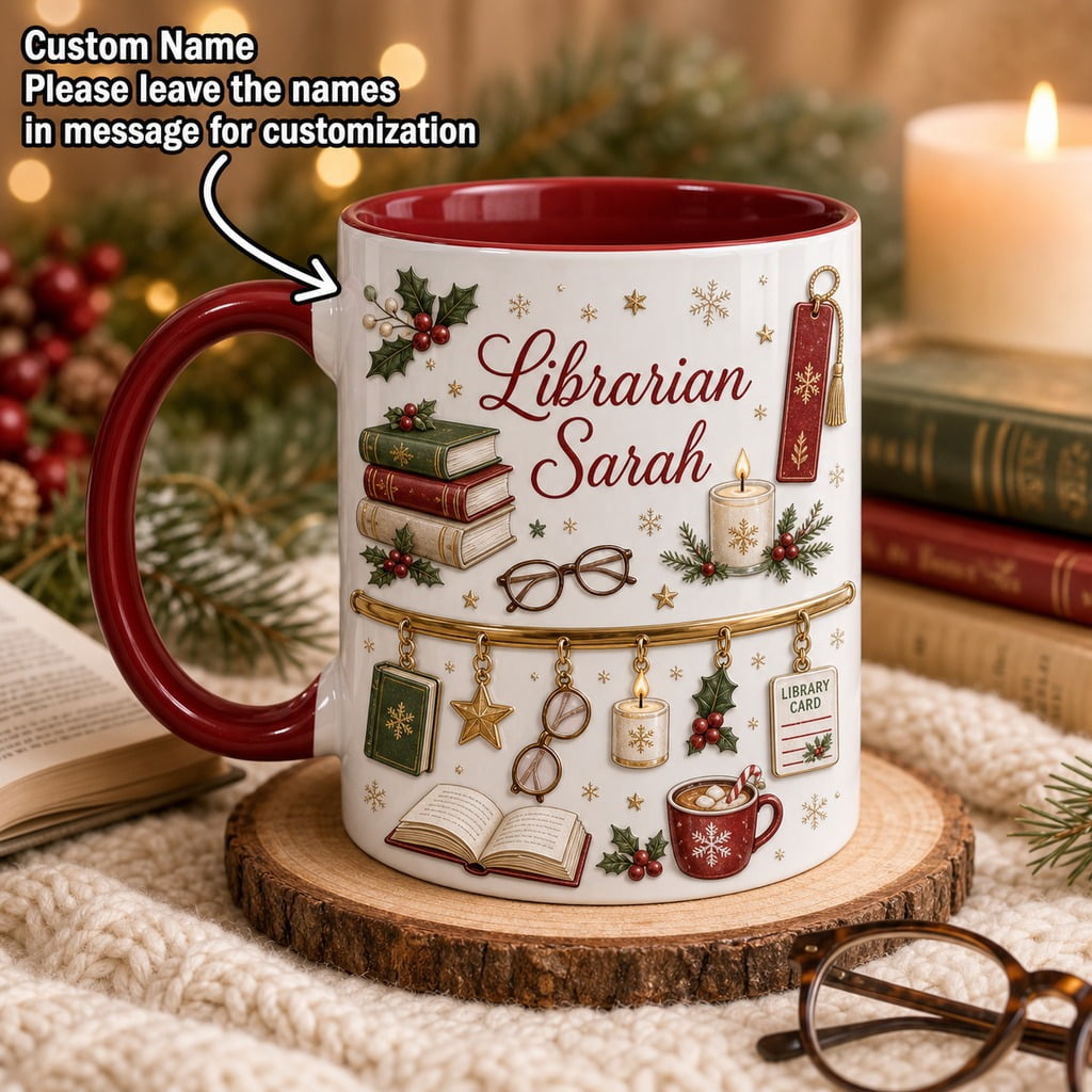 Personalized Christmas Mug Librarian Name Bookish Coffee Cup for Holiday Reading Gifts