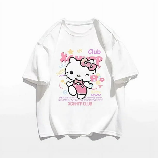 Camiseta de Hello Kitty Sanrio para mujer, Tops de algodón con estampado de dibujos animados Kawaii, camisas de gran tamaño con cuello redondo, ropa de calle, Top de empalme, 2024