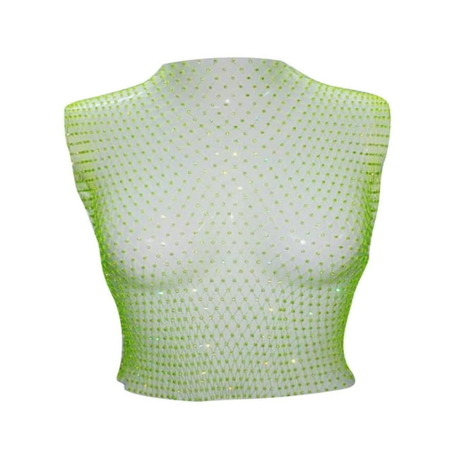 Haut Court en Maille Transparente avec Strass Brillant pour Femmes, Débardeur en Résille Transparent
