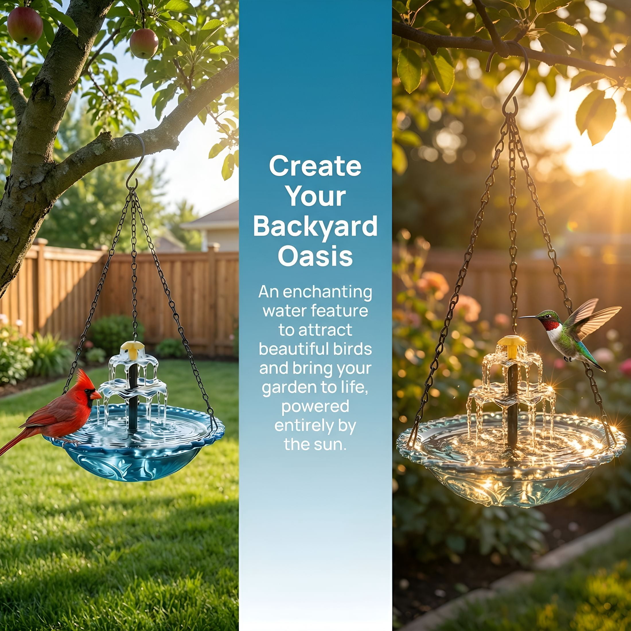 HIBIBUD Hanging Solar Bird Bath Fountain, Blue Wireless Cascading Water Feature – Solar Powered for Garden, Patio, Hummingbirds