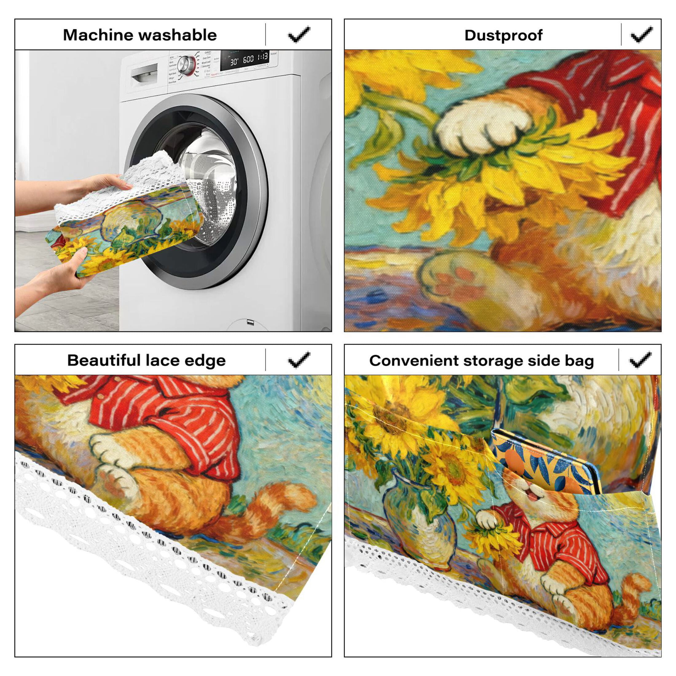 Wobogo Sunflower Orange Cat Washing Machine Cover Dustproof Washer Dryer Cover Waterproof Laundry Room Decorative Protector