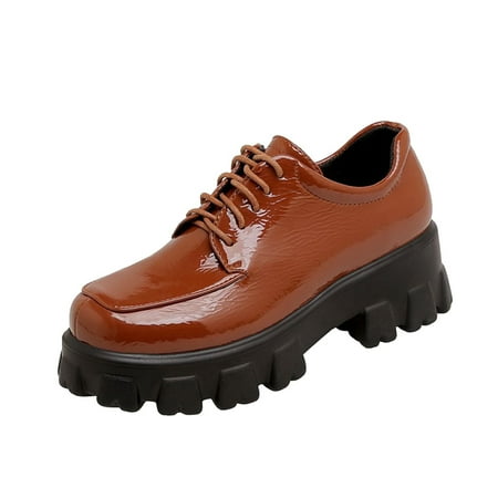 

Women Chunky Platform Lace-Up Ankle Boots for Women Glossy Outdoor Hiking Leather Bootie Waterproof Rain Boots Brown Boots women size 5.5