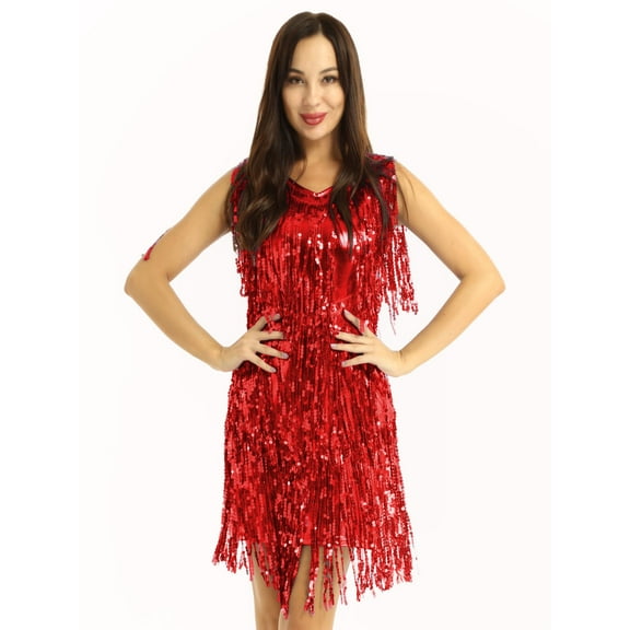 YiZYiF Womens Sparkling Sequins Tassels Dance Dress Latin Tango Dance Performance Costume
