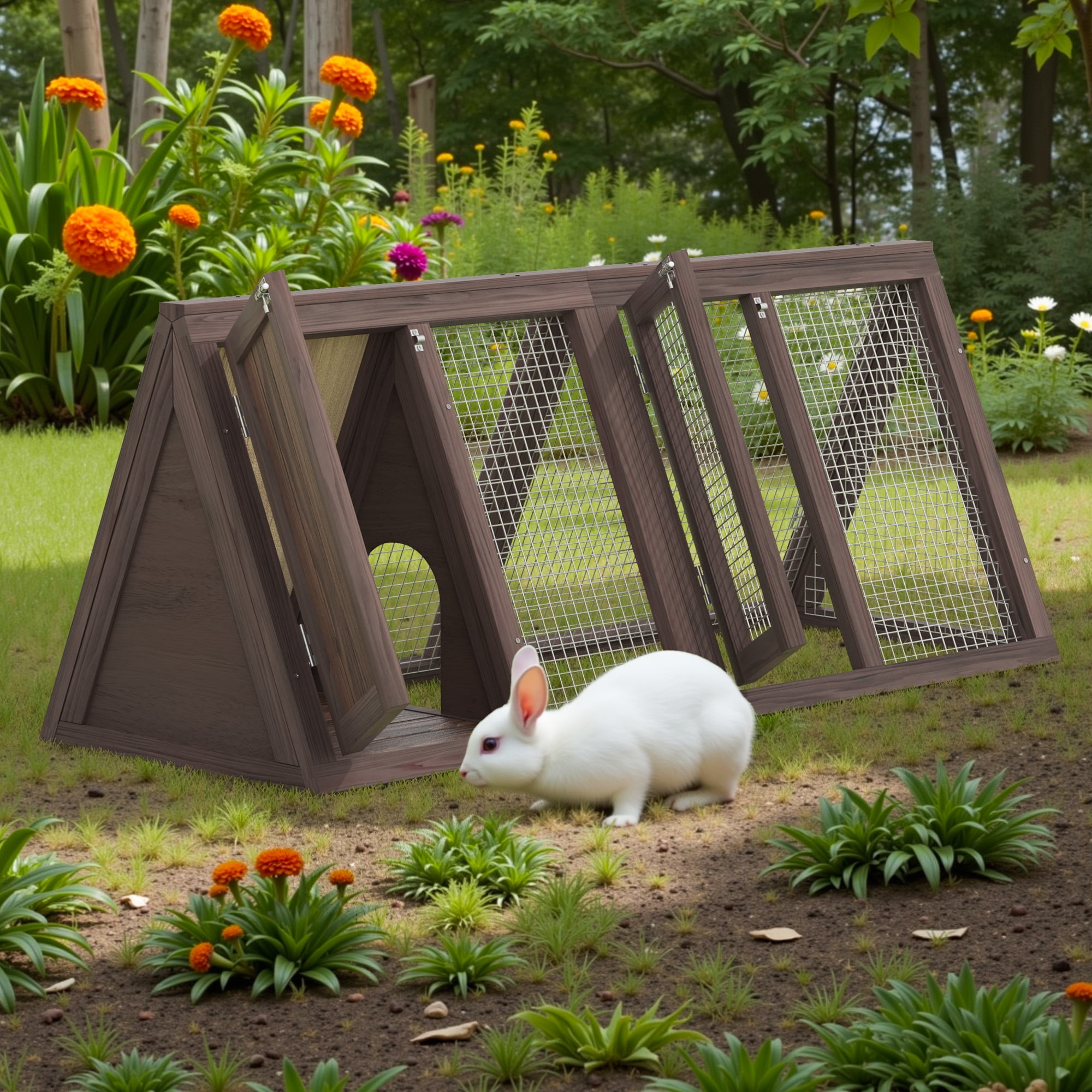 Phonjoroo Chicken Coop for 2 Chickens Small Rabbit Hutch Quail Coop Wooden Bunny Cages w/Ventilating Wire, Brown