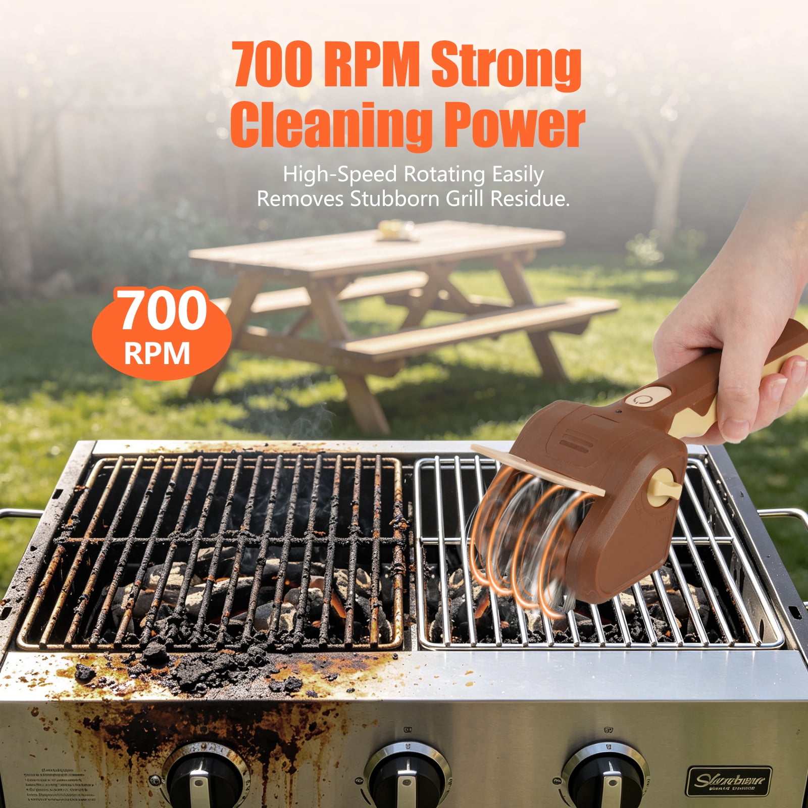 BBQ Grill Brush Cordless, 700 RPM Electric Grill Cleaner with Stainless Steel Brush, Rechargeable Outdoor Grill Cleaning Tool (Brown)