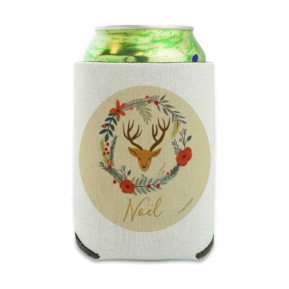 Christmas Noel Deer in Wreath Can Cooler - Drink Sleeve Hugger Collapsible Insulator - Beverage Insulated Holder