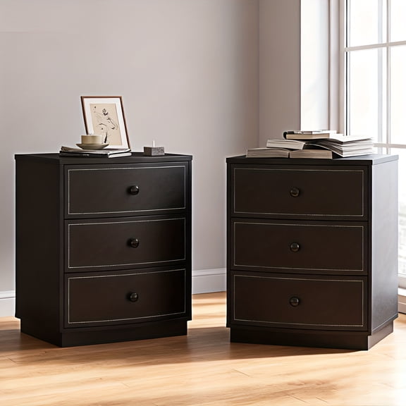 AODAILIHB Black Nightstand Set of 2, Modern Curved 3 Drawers Bedside Table with Sturdy Base Set, Wooden Night Stand with Leather Storage Drawer for Bedroom
