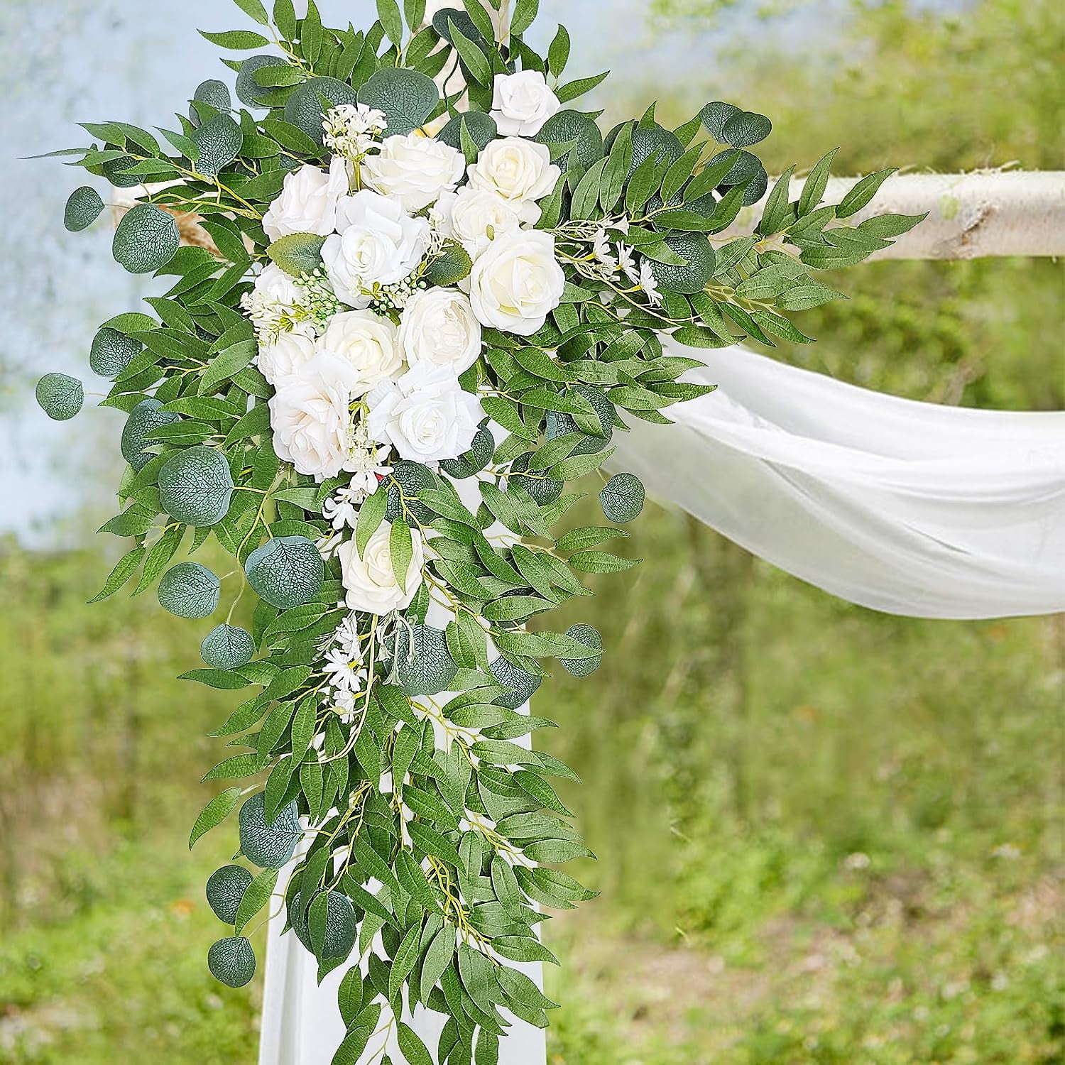 Trianu Hanging Wedding Arch Flowers Kit Includes 2 Pcs Artificial Flower Arrangement 2 Pcs Drapes for Ceremony Arbor Backdrop Floral Decor, White