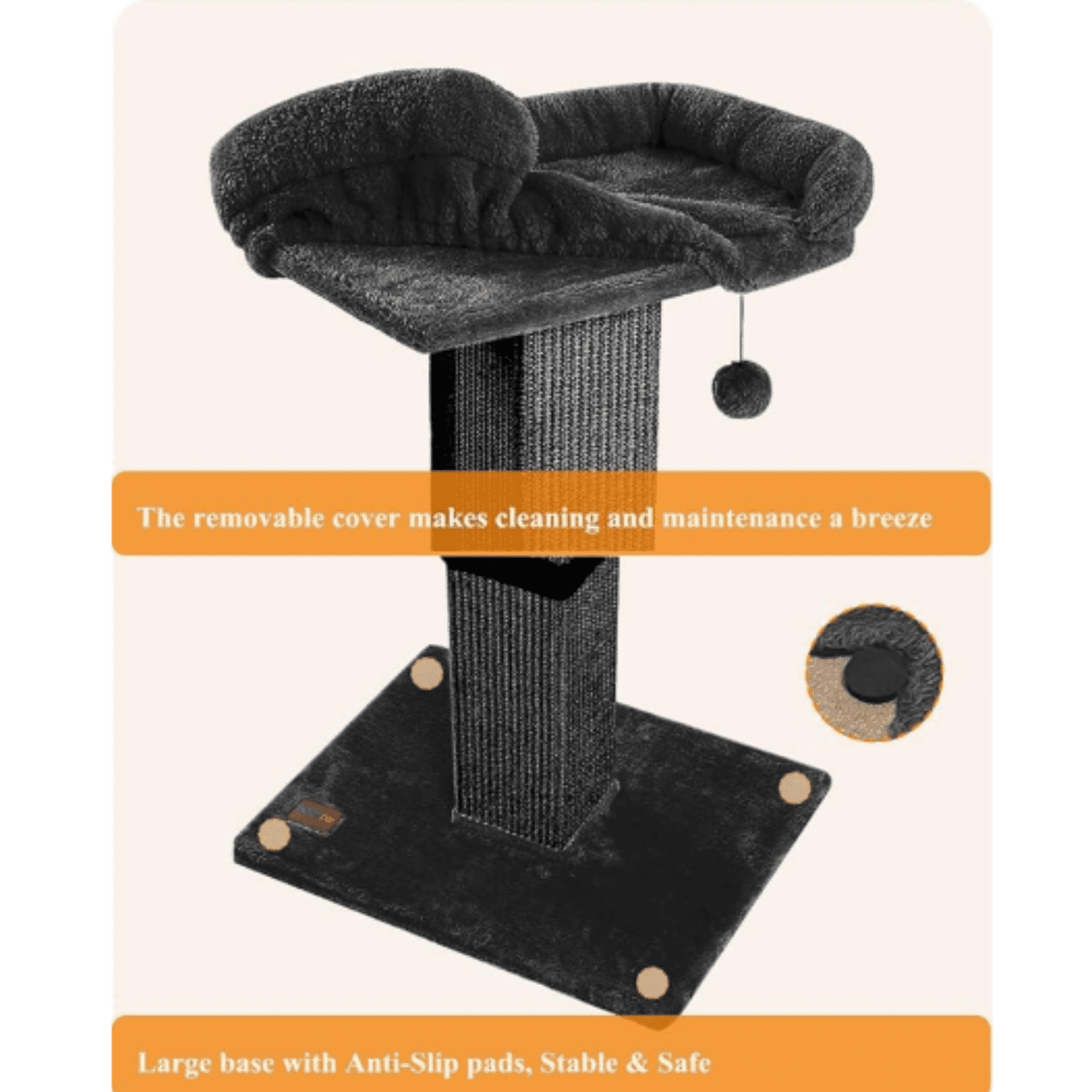 32" Cat Scratching Post for Indoor Cats, Sisal Cat Scratcher with P Perch, Large Scratch Post with Bed, Removable Cover, Sisal Fabric,Black