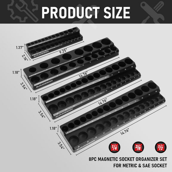 8PCS Magnetic Socket Organizer Set, 1/4", 3/8", 1/2" Socket Holder for 171pcs Tools