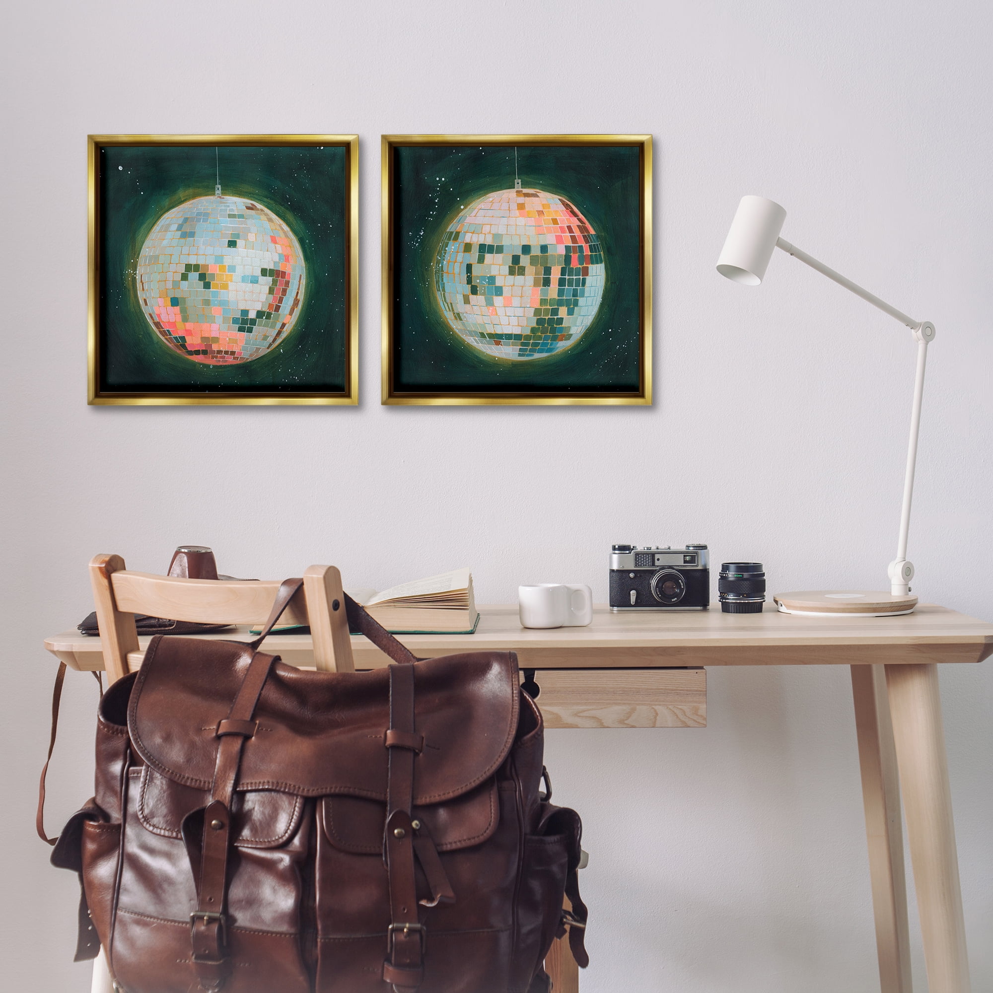 Stupell Industries Disco Balls with Vivid Hues Entertainment Painting Gold Floater Framed Canvas Art Print Wall Art, 18 x 18, Set of 2