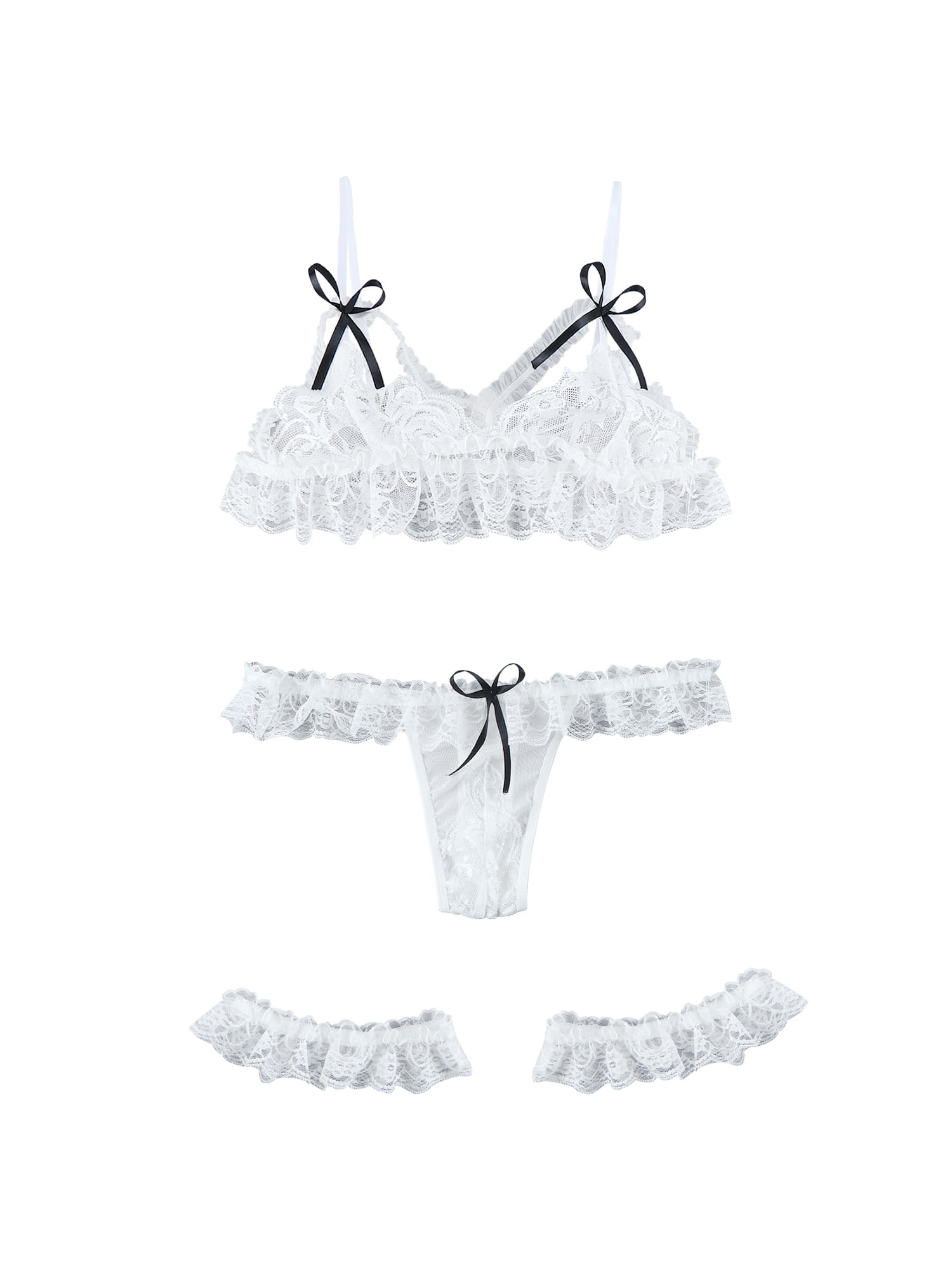 Women Two-piece Lingerie Set, White Suspender See-through Underwear and  Panties 