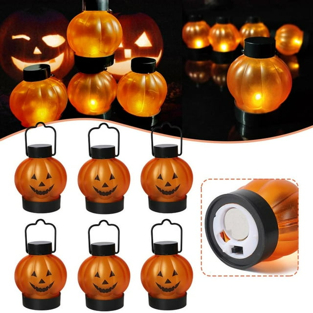 6PCS Pumpkin Lantern with Hanging Handle and Stable Base Halloween Decoration Light for Bars Celebration Banquets