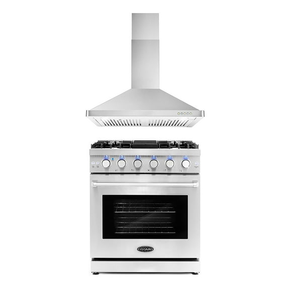 Cosmo 2 Piece Kitchen Appliance Package with 30" Freestanding Gas Range Kitchen Stove & 30" Wall Mount Range Hood Kitchen Hood Kitchen Appliance Bundles