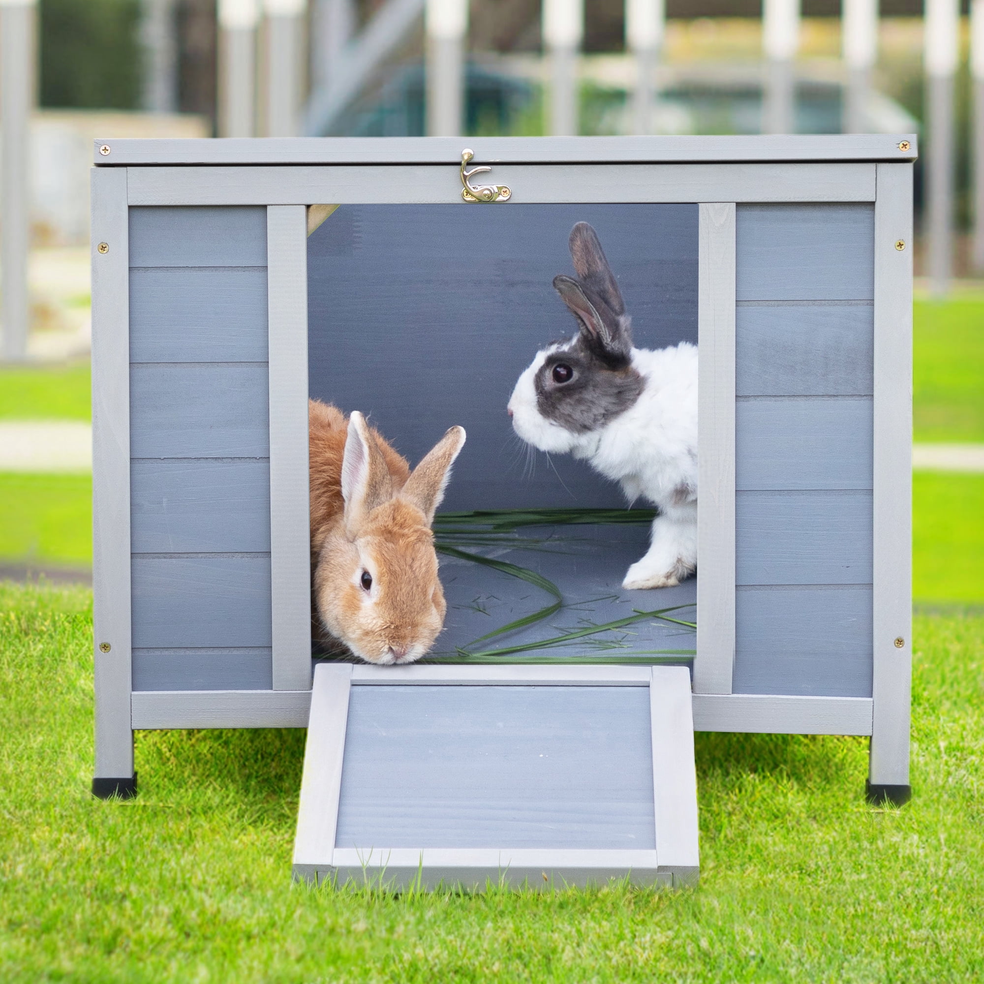 COZIWOW 24inches Wooden Catio Outdoor Cat House Small Animal House，Rabbit Hutch Indoor，Stable Weatherproof Bunny Cage Insulated Pet Shelter for Small Cat Dog Rabbit Guinea Pig(Grey)
