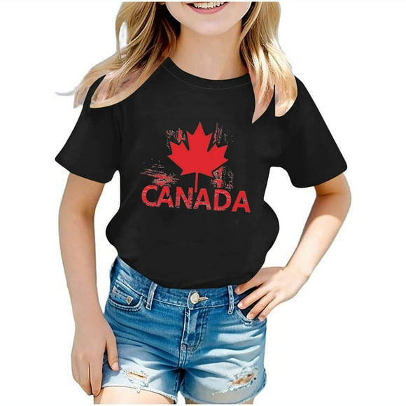 Virmaxy Toddler Baby 2024 Crew Shirt Happy Day Canada Day Boys Girls Summer Shirt Letters Canada Print Casual Short-Sleeved Tops Fashion Round Neck Tops