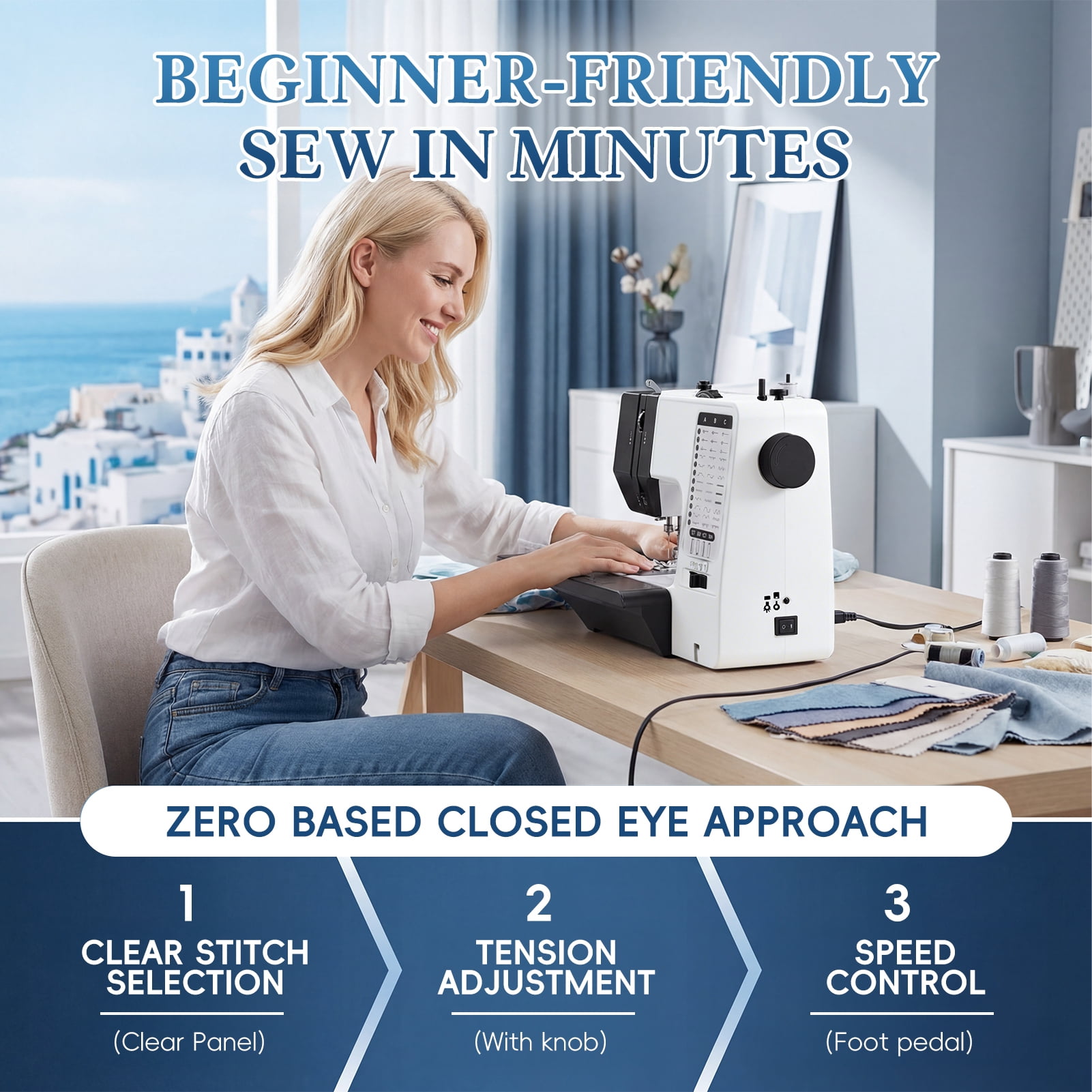Thehsnt Portable Sewing Machine – 38 Stitches, 2 Speeds, LED Light for Beginners & Home Use