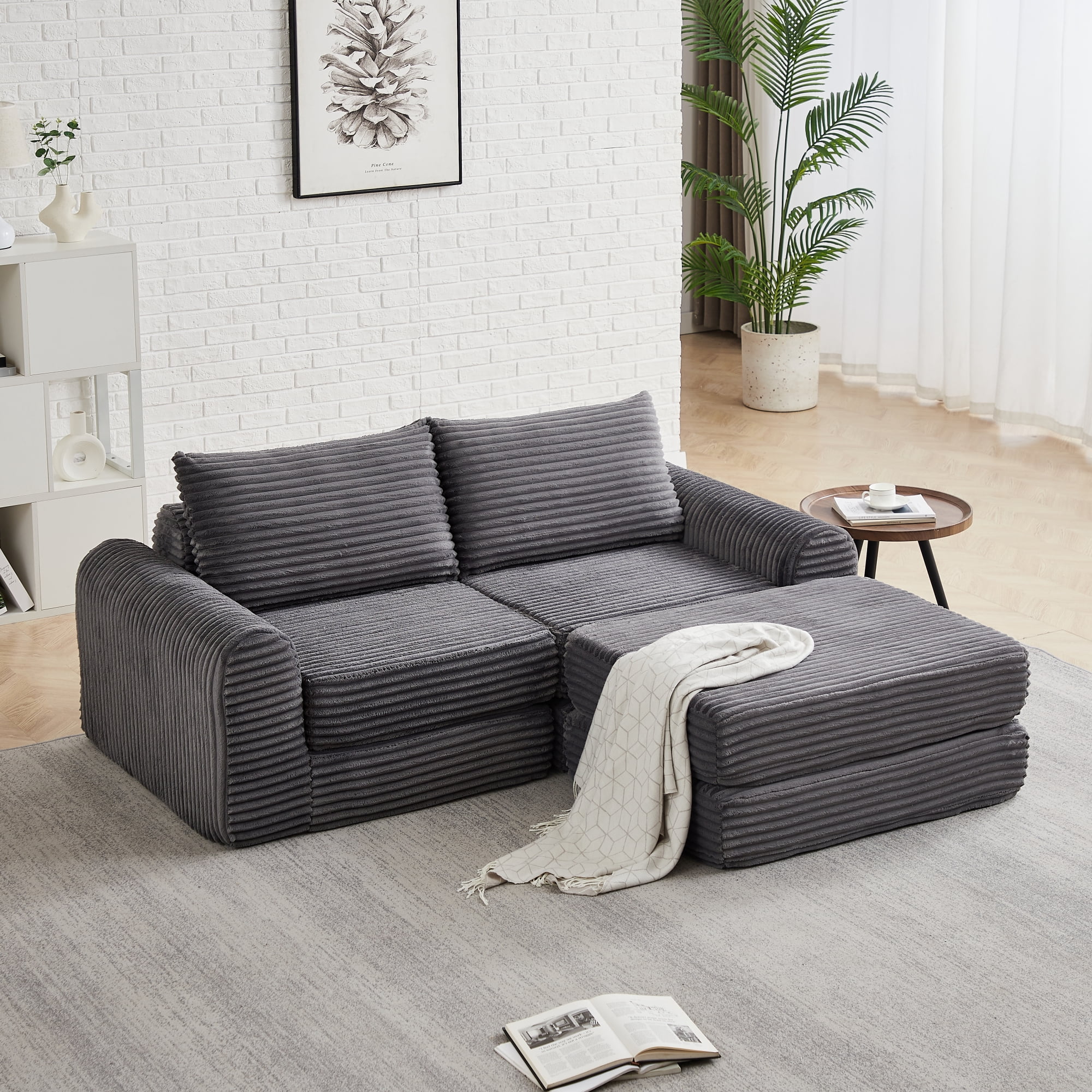 2-in-1 Corduroy Convertible Sleeper Sofa Bed with with Two Throw Pillows & Curved Lines for Living Room,Easy Assembly,Grey