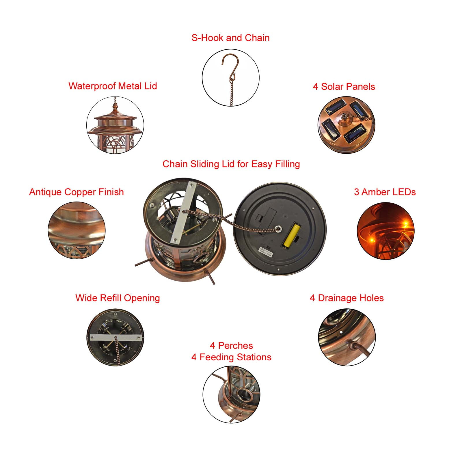 Westcharm Squirrel Proof Solar Birdfeeder for Wild Song Birds | Arched Lattice Solar LED Hanging Bird Feeder for Outside Garden, Antique Copper