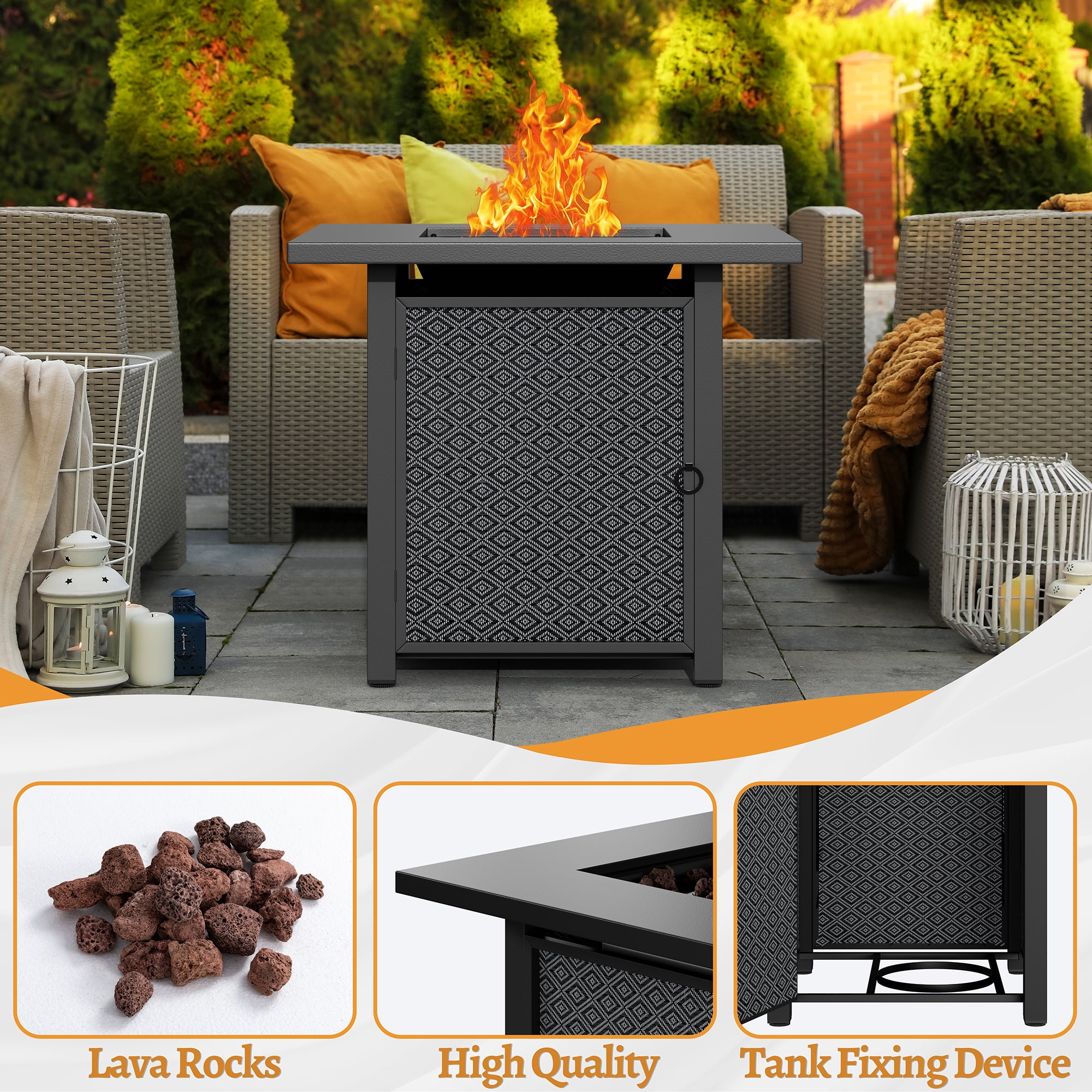 Walsunny 28" Propane Gas Fire Pit Table 50,000 BTU Square Outdoor Table with Removable Lid & Waterproof Cover