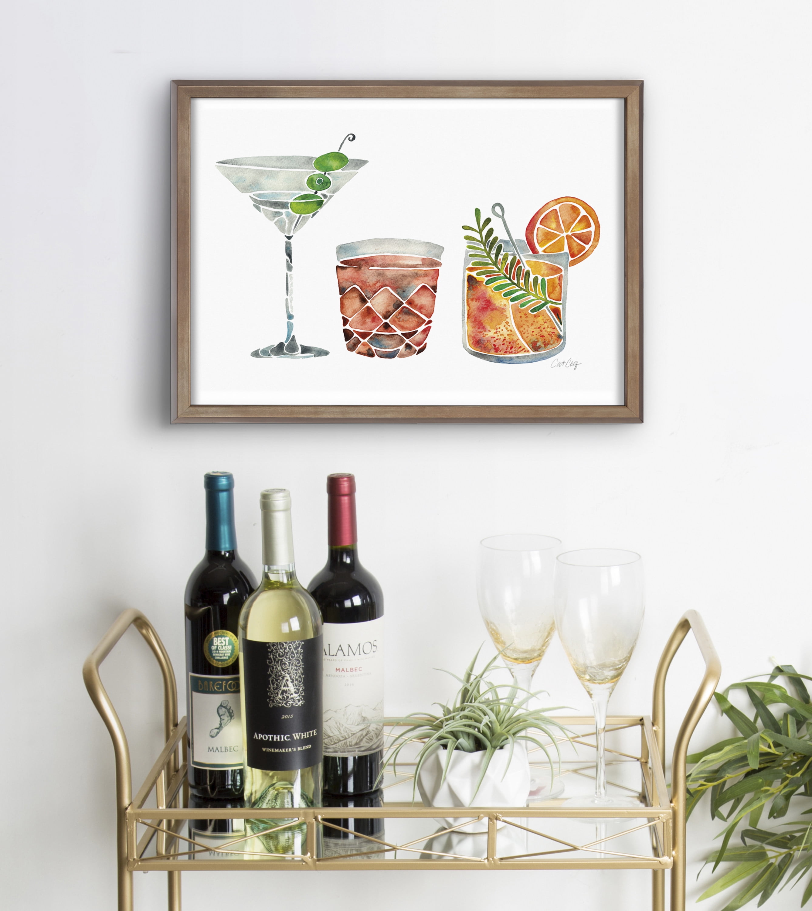 Kate and Laurel Blake Classic Cocktails Framed Printed Glass Wall Art by Cat Coquillette, 16x20 Gold, Mid-Century Modern Cocktail Art for Wal