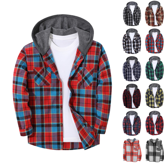 Jopfuhed Mens Casual Plaid Shirts Long Sleeve Button Down Cardigan Shacket Loose Fall Brushed Checkered Hooded Shirts Sizes,S-3XL