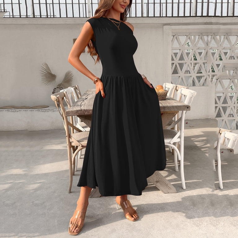 New Summer Arrivals SMihono Women's Fashion Collared Summer Long Dresses  Pleated Flowing Hem Loose Maxi Dress Elegant Beach Clothes Black S -  Walmart.com