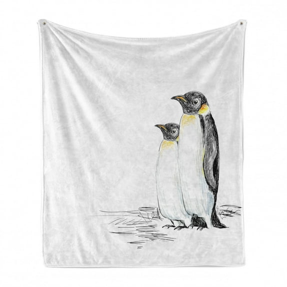Sea Animals Soft Flannel Fleece Throw Blanket, Hand Drawn Art Penguins Aquatic Flightless Birds Polar South Pole Wildlife, Cozy Plush for Indoor and Outdoor Use, 50" x 60", Black White, by Ambesonne