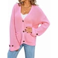 thumbnail image 3 of Women Chunky Knit Sweater Long Sleeve V Neck Button Up Cardigan with Pocket Coat for Fall and Winter Pink L, 3 of 9